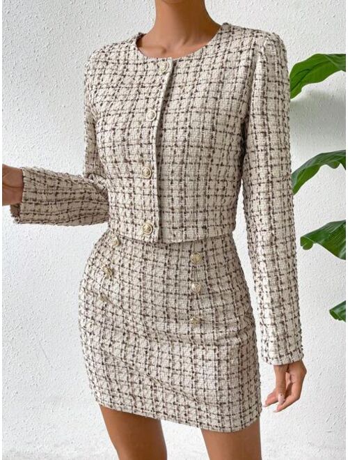 SHEIN Essnce Plaid Pattern Button Front Jacket & Bodycon Skirt