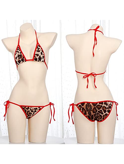EVAbaby Women's Halter Triangle Bikini Sets Leopard Thong Bottom Brazilian Two Piece Hollow Out Swimsuit Micro Mini Swimwear
