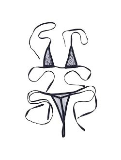 ZTie Womens Sheer Extreme Swimsuit Bikini Halterneck Top and Tie Sides Micro Bikini Thong Sets