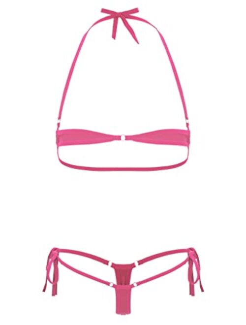 Oyolan Women Brazilian Bikini Set Halterneck Tiny Bra with Mini Thong Micro Extreme Swimwsuit Beachwear