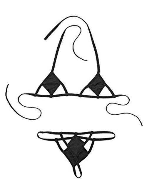 inlzdz Women's Brazilian Sheer Extreme Halterneck Micro Bikini Bra Top with G-String Swimsuit