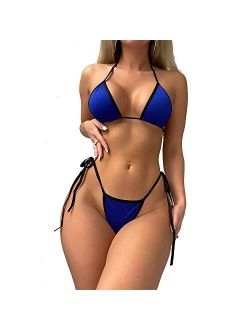 Generic Triangle Bikini Swimsuit Contrast Binding Micro Halter String with Thong Two Pieces Sexy Swimwear(S Size)