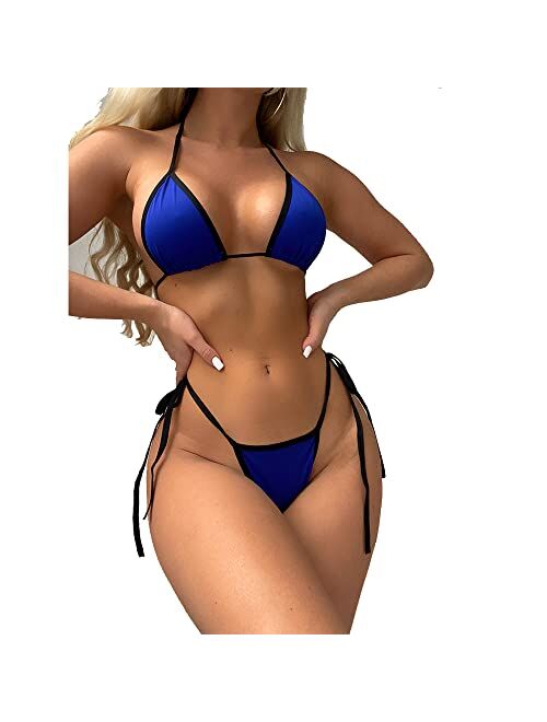 Generic Triangle Bikini Swimsuit Contrast Binding Micro Halter String with Thong Two Pieces Sexy Swimwear(S Size)