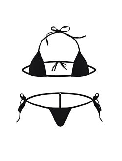 JEERLEEP Women Sexy Halter Neck Swimsuit Small Bar with Adjustable G-String Throng Micro Mini Bikini Set 2 Pieces