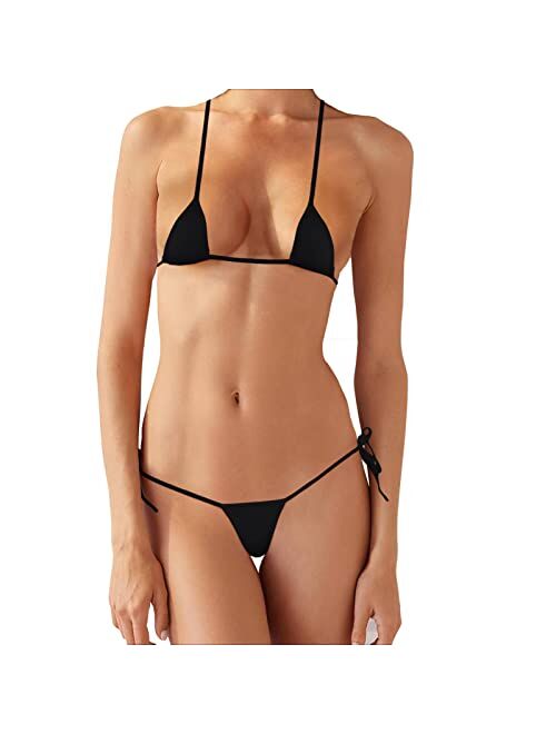 JEERLEEP Women Sexy Halter Neck Swimsuit Small Bar with Adjustable G-String Throng Micro Mini Bikini Set 2 Pieces
