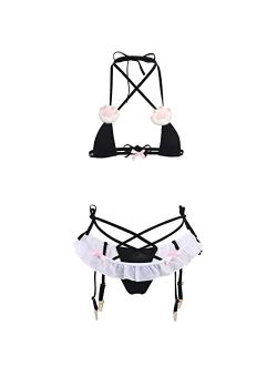 ABAFIP Womens Cute Kawaii Anime Cat Kitten Lingerie Set Micro Bikini Strappy Tiny Bra Mini Panty Extreme Swimsuit