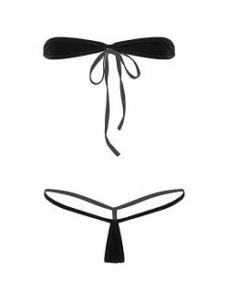 KKmeter Women's 2 Pieces Micro Bikini Set Swimwear Mini Bandeau Bra Top and Thongs Lingerie Set