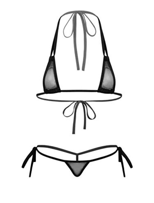 ACSUSS Women's Brazilian Mesh Sheer Extreme Halterneck Micro Bikini Bra Top with G-String Swimsuit