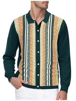 Men's Vintage Stripe Polo Shirt Casual Long Sleeve Button Knit Shirt