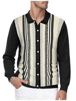 Men's Vintage Stripe Polo Shirt Casual Long Sleeve Button Knit Shirt