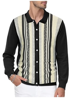 Men's Vintage Stripe Polo Shirt Casual Long Sleeve Button Knit Shirt