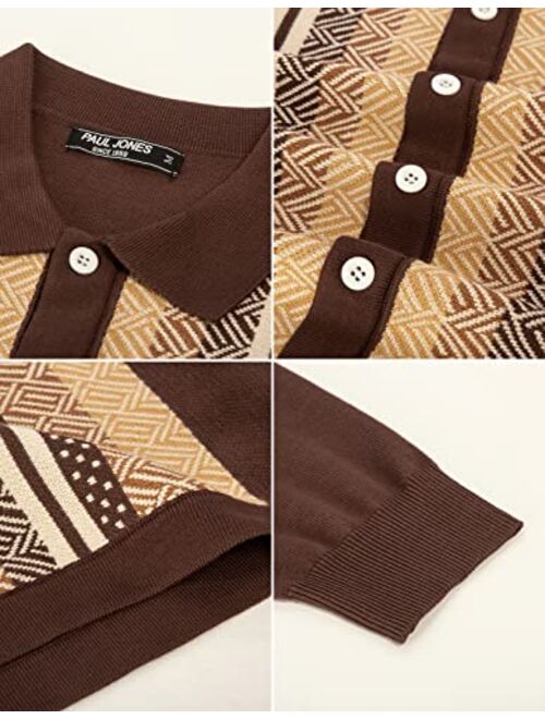 PJ PAUL JONES Men's Vintage Stripe Polo Shirt Casual Long Sleeve Button Knit Shirt