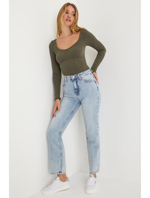 Lulus Flattering Find Olive Green Crinkle Ribbed Knit Long Sleeve Top