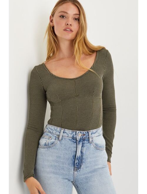 Lulus Flattering Find Olive Green Crinkle Ribbed Knit Long Sleeve Top