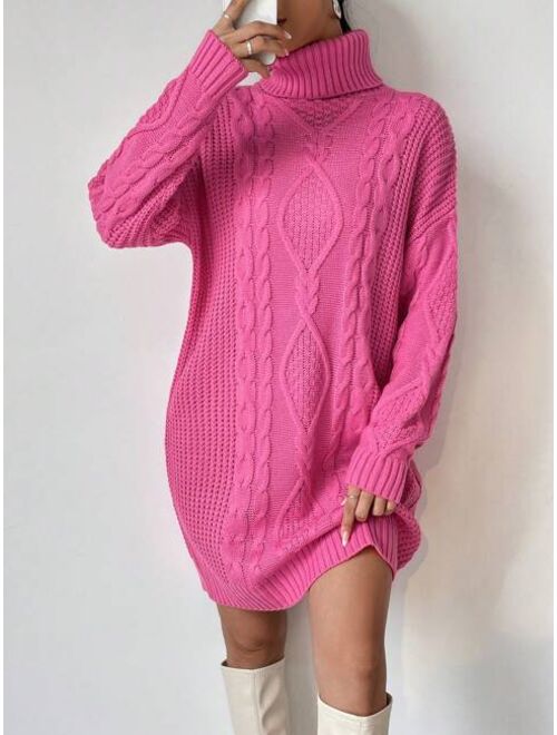 Turtleneck Cable Knit Drop Shoulder Sweater Dress
