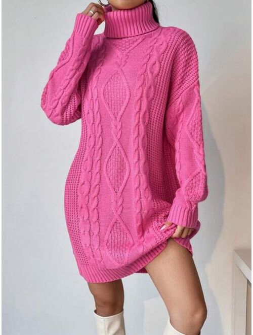 Turtleneck Cable Knit Drop Shoulder Sweater Dress