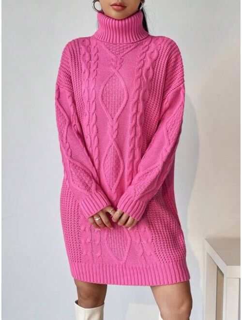 Turtleneck Cable Knit Drop Shoulder Sweater Dress