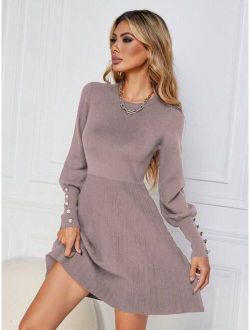 Solid Button Detail A line Sweater Dress