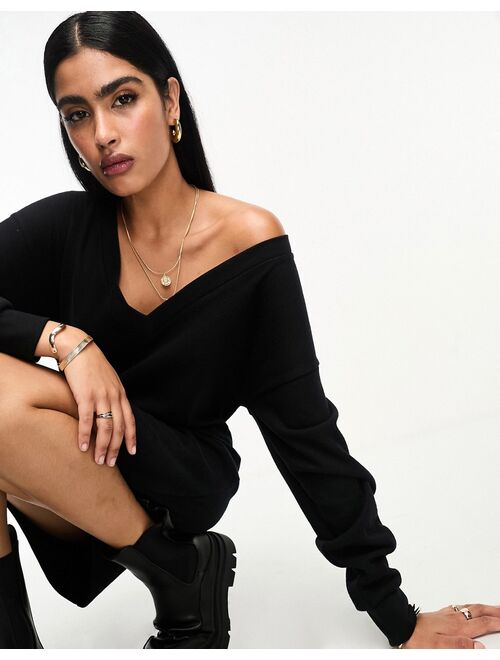 ASOS DESIGN super soft slouchy v neck sweater mini dress in black
