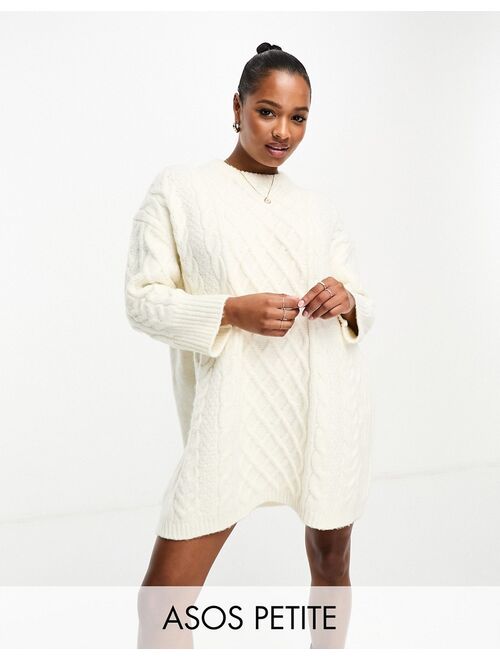 ASOS Petite ASOS DESIGN Petite knitted cable mini sweater dress in cream