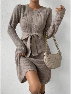 Priv Cable Knit Belted Sweater Dress