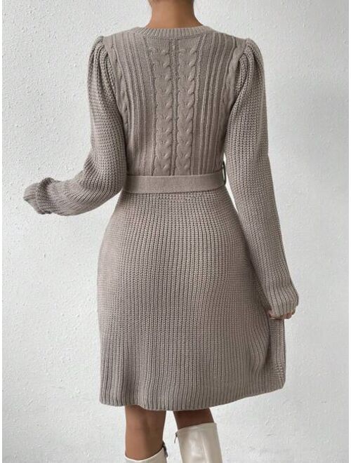 SHEIN Priv Cable Knit Belted Sweater Dress