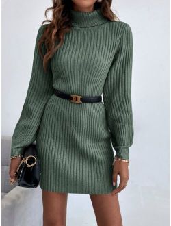 Frenchy Turtleneck Ribbed Knit Sweater Dress Without Belt