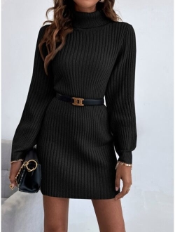 Frenchy Turtleneck Ribbed Knit Sweater Dress Without Belt