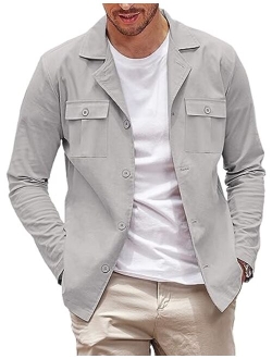 Men's Casual Shirt Jacket Cotton Linen Shacket Lightweight Work Coat Button Down Overshirt