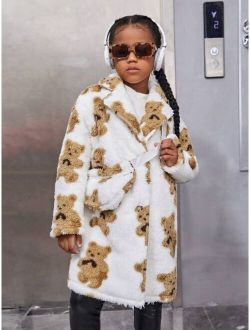 SHEIN Kids Cooltwn Tween Girl Bear Pattern Lapel Neck Coat With Bag