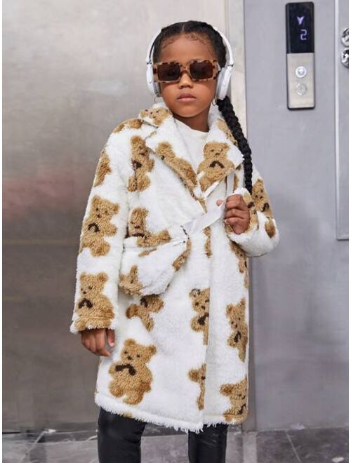 SHEIN Kids Cooltwn Tween Girl Bear Pattern Lapel Neck Coat With Bag