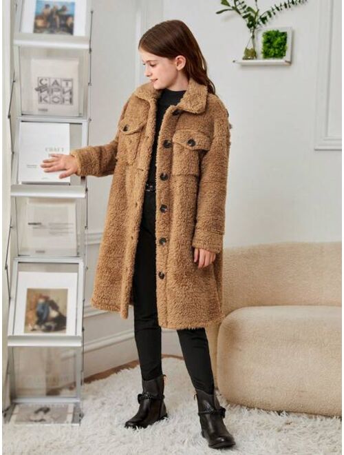 SHEIN Tween Girl Flap Pocket Drop Shoulder Teddy Coat