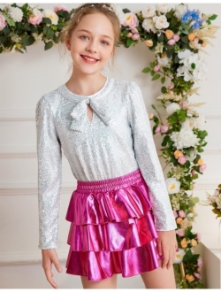 Girls Sparkly Sequin Tops Long Sleeve Crew Neck Glitter Blouse Shirt with Fixed Bowknot for Party