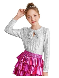 Girls Sparkly Sequin Tops Long Sleeve Crew Neck Glitter Blouse Shirt with Fixed Bowknot for Party