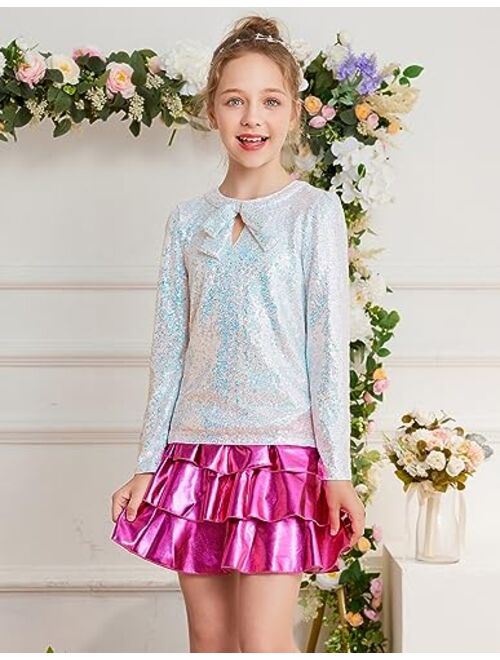 GRACE KARIN Girls Sparkly Sequin Tops Long Sleeve Crew Neck Glitter Blouse Shirt with Fixed Bowknot for Party