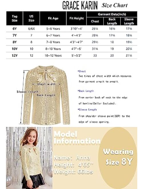 GRACE KARIN Girls Sparkly Sequin Tops Long Sleeve Crew Neck Glitter Blouse Shirt with Fixed Bowknot for Party