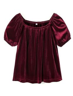 Aimehonpe Girls Velvet Tops Fall Fashion Puff Short Sleeve Square Neck Vintage Plain Casual Elegant Ruched Tees