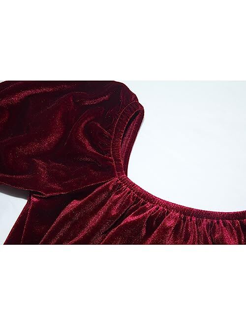 Aimehonpe Girls Velvet Tops Fall Fashion Puff Short Sleeve Square Neck Vintage Plain Casual Elegant Ruched Tees