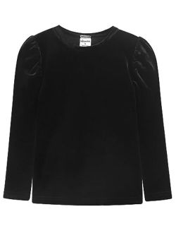 Noomelfish Girls Velvet Puff Long Sleeve Shirt Casual Solid Pleated Blouse Tops (5-12 Years)