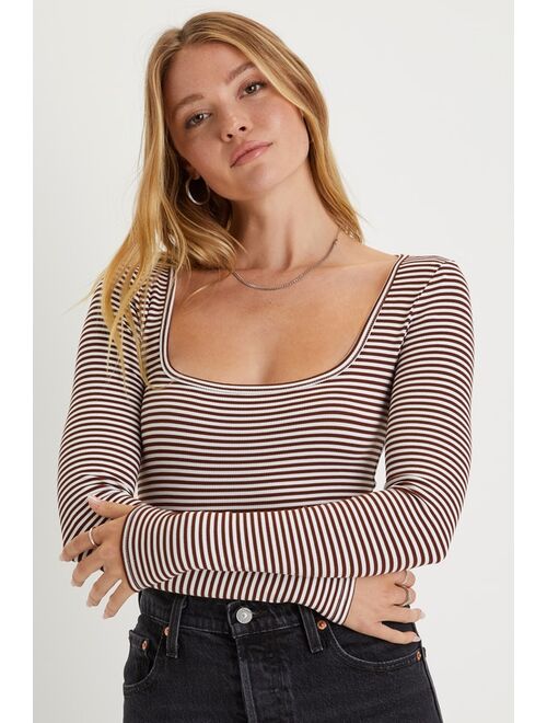 Lulus Cutest Personality White and Brown Striped Scoop Neck Bodysuit