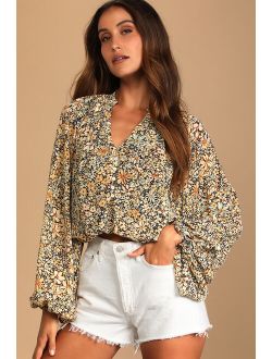 Season of Blooms Cream Multi Floral Print Balloon Sleeve Top