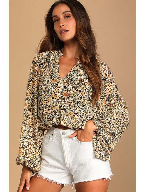 Lulus Season of Blooms Cream Multi Floral Print Balloon Sleeve Top