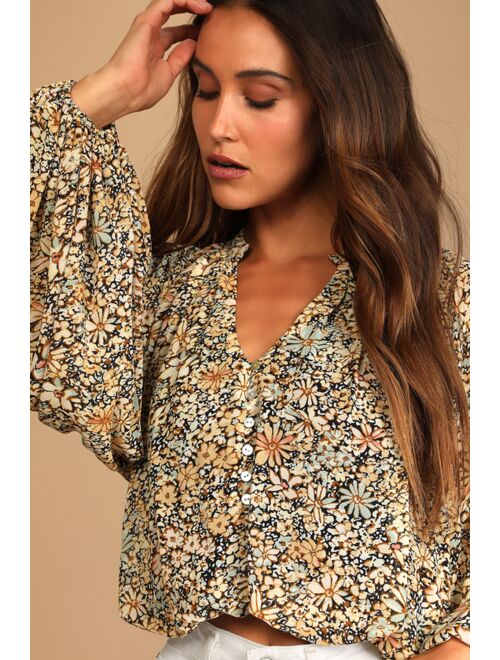 Lulus Season of Blooms Cream Multi Floral Print Balloon Sleeve Top