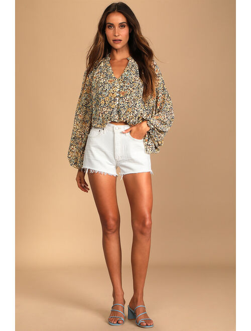 Lulus Season of Blooms Cream Multi Floral Print Balloon Sleeve Top