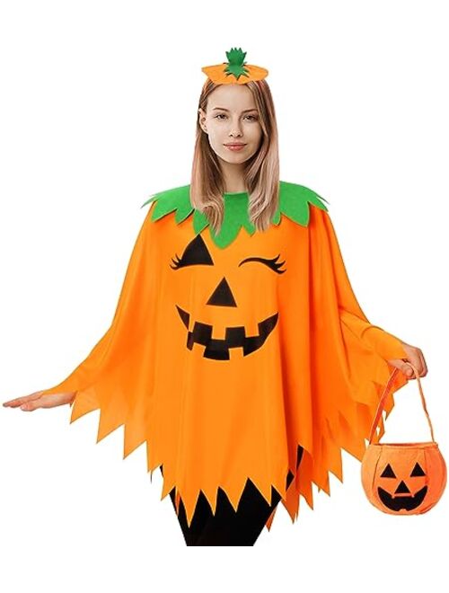 KOFECIT 3PCS Halloween Pumpkin Poncho for Women,Pumpkin Cape Costume with Headband and Candy Bag,Halloween Costume for Women Adults