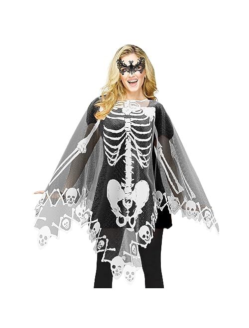 Generic Halloween Skeleton Poncho for Women, Lace Skeleton Costume Halloween Poncho with Masquerade Mask