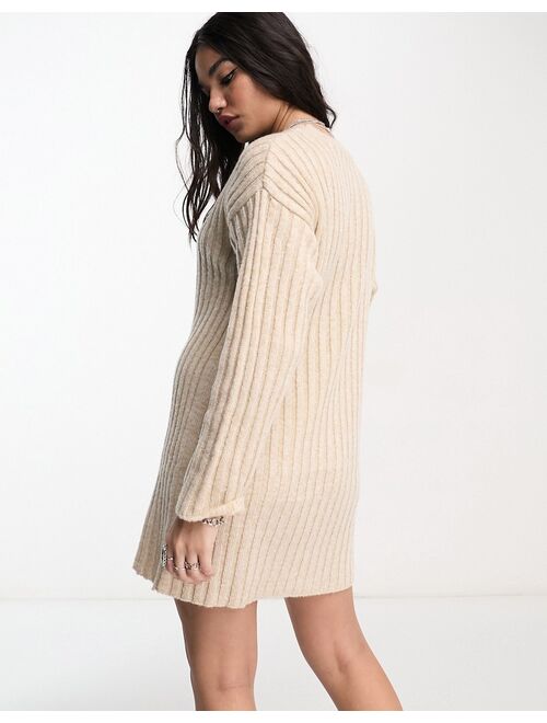 ASOS DESIGN knitted mini sweater dress in rib in oatmeal