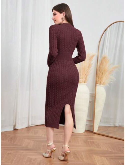 SHEIN Modely Choker Neck Cable Knit Bodycon Sweater Dress