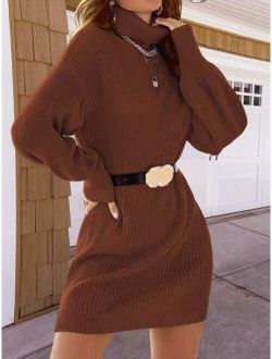 Turtleneck Drop Shoulder Sweater Dress Without Belt