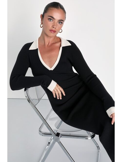 Lulus Successful Sophistication Black Color Block Midi Sweater Dress